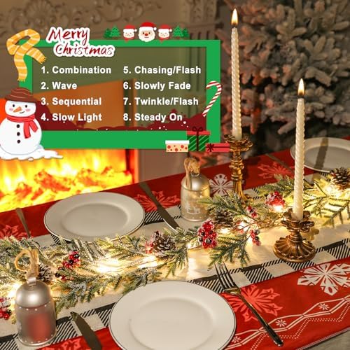 OZFHUA 6 FT Christmas Garland with Lights - Pre-Lit Artificial Christmas Garland, Flocked Garland with Red Berries Pine Cones for Decoration, Mantle Stairs Railing Home Xmas Decoration Indoor - Image 3