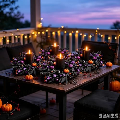 6 Pcs Halloween Mini Candle Ring Wreaths for Cabinets Small Pillar Candle Holder Wreath with Black Leaves Purple Flowers Orange Purple Berries Mini Pumpkins Glitter Artificial Spooky Gothic Wreaths - Image 3