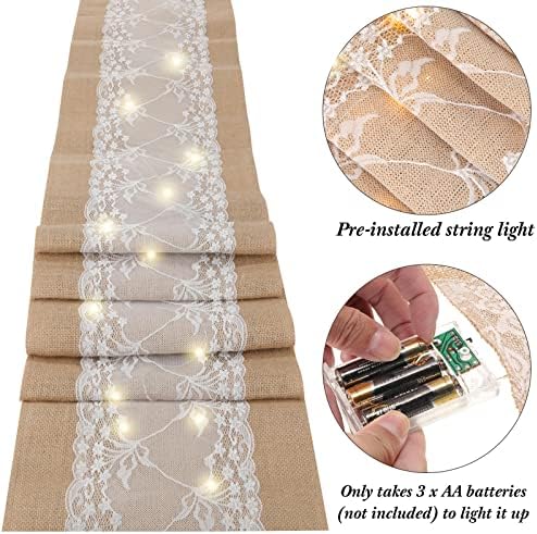 Xinnun 12 Pcs Burlap Table Runners with Lights Lace, 12 x 108 in, Vine - Image 3