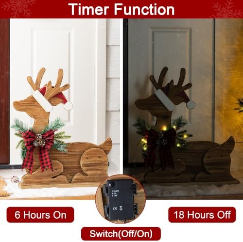 Glitzhome 25.75"H Lighted Christmas Reindeer Porch Sign,Chunky Wood Reindeer Porch Decor with Timer,Merry Christmas Welcome Sign for Holiday Party Indoor Outdoor Xmas Decorations - Image 5