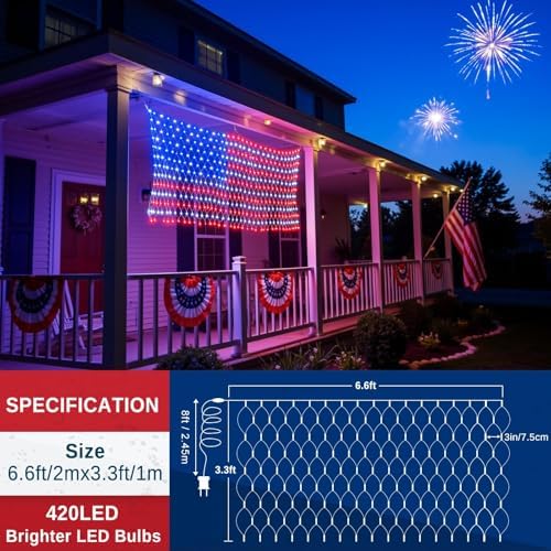 American Flag Lights Outdoor - 420 Super Bright Red White and Blue Lights, Waterproof Led Flag Net Light of The United States for Memorial Day, 4th of July, Yard, Garden, Christmas Decorations - Image 3