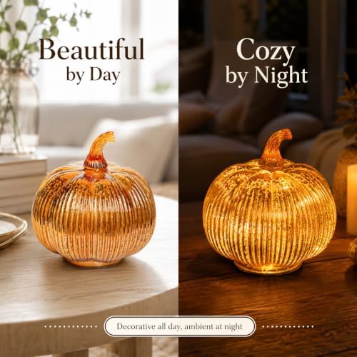 Gold Mercury Glass Pumpkin Light with 2 Lighting Modes and 6-Hour Timer, 5.5 x 6 Inch Battery Operated Fall Decor for Thanksgiving and Christmas Table Centerpiece - Image 3
