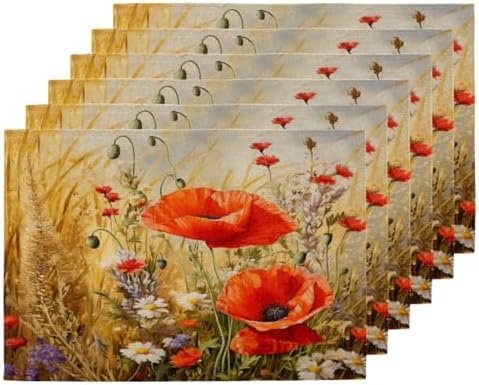 Art Flower Poppy Floral Retro Placemats Set of 6 Decorative Dinner Place Mats Washable Table Mat for Gifts, Holiday, Birthday Party, Wedding & Dining by JXDXHCW
