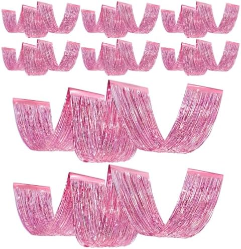 Breling 8 Pcs Iridescent Pink Ceiling Fringe Curtains, Foil Drapes, 15 ft by Breling