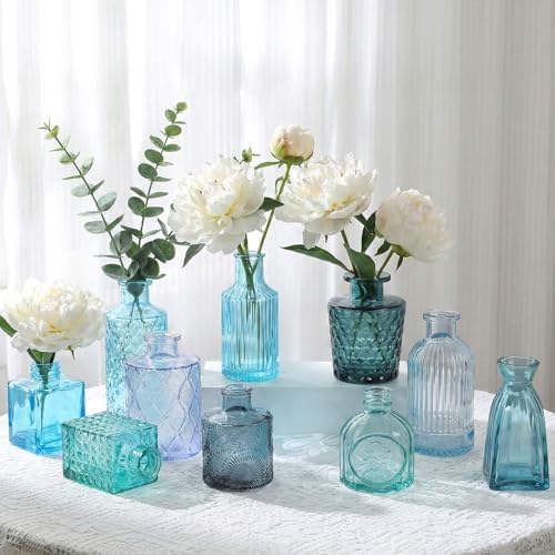 Set of 30 Blue Glass Bud Vases Small Textured Flower Vases - Image 4