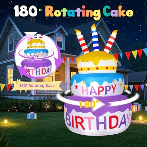 B&D 6FT Happy Birthday Cake Inflatable with 180° Rotation, 3-Color Yellow Blue Purple Tiered Cake with Sparkling LED Lights, Blow Up Outdoor Indoor Decoration for Lawn Yard & Party - Image 4
