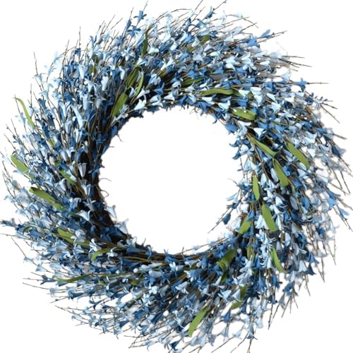 26 Inch Spring Wreaths for Front Door, Large Artificial Forsythia Flowers Wreath, Spring Summer Floral Wreath All Season for Home, Wall, Window, Porch, Wedding, Farmhouse Decor (Blue) by Bibelot