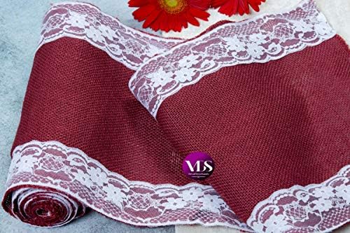VDS Pack of 25, Burlap Table Runner with White Lace Edge, 100% Natural Jute Rustic Hessian Table Cloth Centerpiece for Wedding Birthday Party Banquet Table Decoration (Size 12X108 Inch)(Maroon) - Image 6