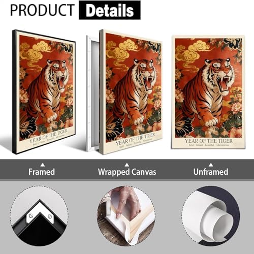 Chinese Lunar Year of the Tiger Art Print – Bold Valiant Powerful Adventurous Zodiac Wall Decor with Red Peony & Gold Cloud Pattern for Home Office and Apartment 24X36 in Wrapped Framed - Image 2