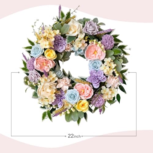 TEMPUS Spring Summer Wreath for Front Door 22 Inch Artificial Floral Wreath with Roses Peonies Hydrangeas Leaves for Door Wall Decoration Wedding Party Home Farmhouse Decoration - Image 3