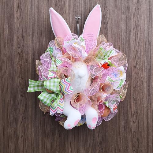 Easter Wreaths for Front Door with Lights,Easter Door Wreath,Easter Mesh Wreath,Bunny Spring Colorful Easter Decorations Holiday Ornament for Home Indoor Outdoor Supplies (Pink Bunny Butt) - Image 5