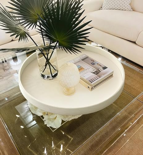 HofferRuffer Large Round Serving Tray 24'', Elegant Faux Leather Circle Ottoman Table Tray, Serve Tea Coffee Breakfast in Bedroom Living Room Kitchen (White, 24'') - Image 5