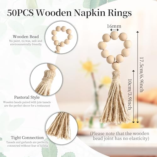 50 Pack Farmhouse Rustic Napkin Rings with Tassel Wood Bead Rings for Table Decor Boho Wedding Party Dining Spring Banquet - Image 2