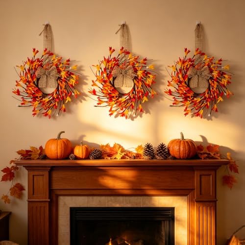 12Pcs Fall Candle Rings Wreaths Mini Fall Candle Wreaths with Gradient Red Orange Yellow Florals & Mixed Berries Autumn Candle Holders for Autumn Farmhouse Home Wall Window Festival Wedding Decor - Image 7