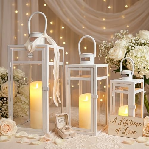 TRIROCKS Metal Candle Lantern Set of 3 - Assorted Sizes (12/15/19 Inch) - Tall Metal Hanging Lanterns with Tempered Panels Indoor & Outdoor Home Decor for Christmas Parties & Events - White Finish - Image 6