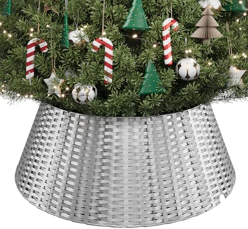 ELYKEN Christmas Tree Collar, 28 Inch Silver Woven Xmas Tree Skirt for 7.5 ft Trees, Stylish Rustic Basket for Tree Base Cover with Cord Cut-Out for Pencil Trees, Easy Assembly by ELYKEN