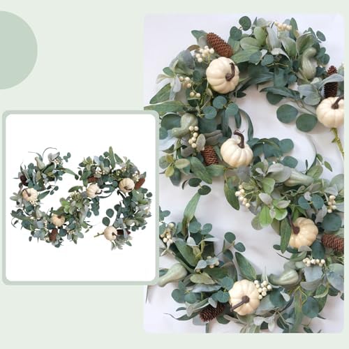 70 Inch Fall White Pumpkin Green Leaves Garland for Front Door, Fall Green Leaves Garland with Berries Pinecone Pumpkin for Indoor Outdoor, Fall Home Decor - Image 5