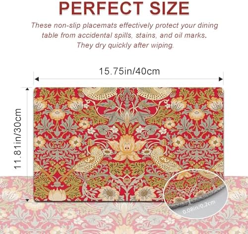 Strawberry Thief Red Placemats - Placemats Set of 4 Faux Leather Heat Resistant for Dinner Table, Non-Slip Waterproof Oil-Proof Washable Reusable Placemat for Indoor Outdoor Kitchen - Image 6