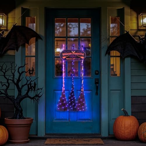 Halloween Broom Parking Sign with 3 Witch Brooms, Purple Lights - Image 6