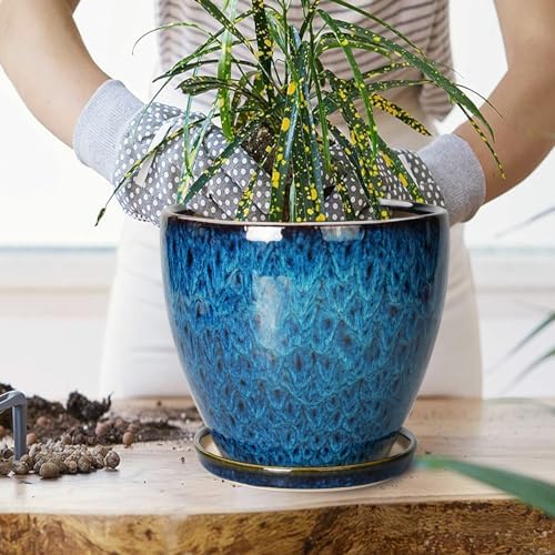 10 Inch Ceramic Planter Pot Round Plant Pot for Indoor Plants Outdoor Large Flower Pot with Drainage Hole and Saucer Blue - Image 4