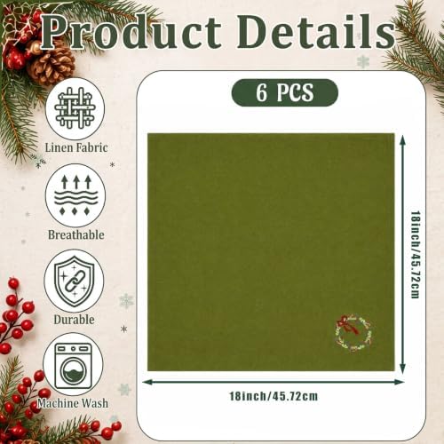 SmoothNovelty 6 Pcs Christmas Wreath Cloth Napkins Xmas Embroidery Linen - Image 2