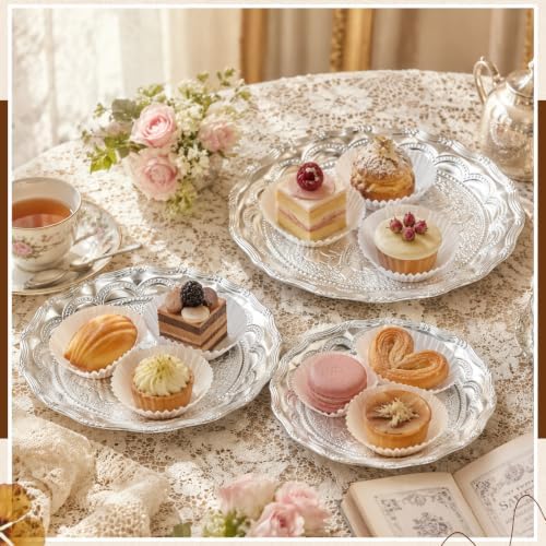 Rtteri 3 Pack Silver Serving Trays Set 8''/10''/12'' Vintage Embossed Round Coffee Table Platters Party Decor Metal Plates Silver Plated Jewelry Display Plates for Wedding Dessert Fruit (Rose) - Image 4