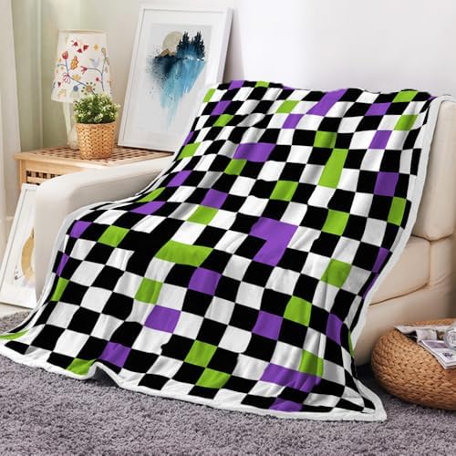 JAWO Halloween Gothic Checkerboard Throw Blanket, Purple Lime Green Black White Plaid Plush Flannel Blanket, Spooky Grid Decor Couch Bed Blanket 60X90 Inches by JAWO