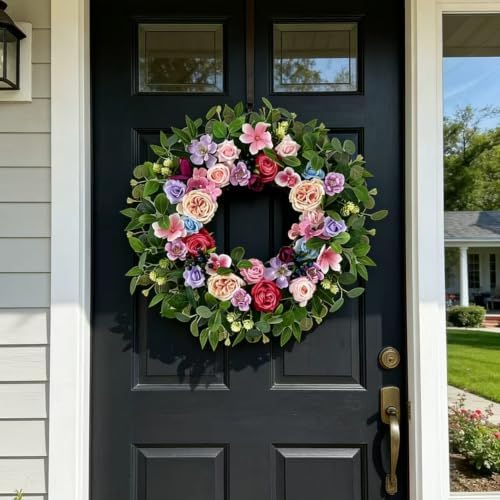 Artificial Spring Wreath for Front Door, Floral Wreath with Eucalyptus & Berries, Easter Wreath & Summer Wreaths for Front Door, Year Round Spring Door Wreath for Home Wall Decor - Image 3