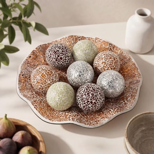 Suclain Centerpiece Bowl and Decorative Balls Set 8 Pcs Table Mosaic Plate with 2.4 Inch Glass Mosaic Orbs Glass Turquoise Tray and Spheres for Centerpiece Table Home Vases Decor(Khaki Light Brown) - Image 4