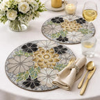 Beaded Round Placemats for Dining Table Flowe Design Silver Multi Set of 2-13 Inches Round for Gathering, Christmas, Thanksgiving - Occasional Decoration - Image 4
