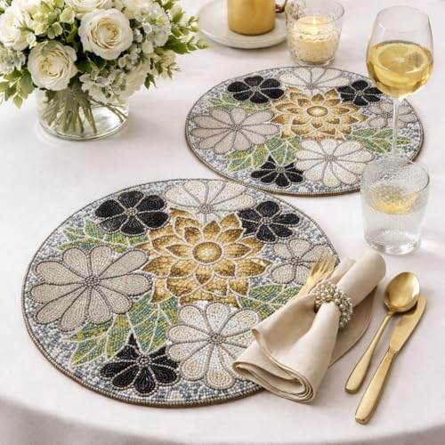Beaded Round Placemats for Dining Table Flowe Design Silver Multi Set of 2-13 Inches Round for Gathering, Christmas, Thanksgiving - Occasional Decoration - Image 4