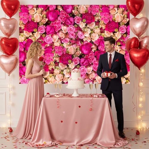 Ticuenicoa 8x8ft Pink Red Rose Flowers Photography Backdrop Valentine's Day Photo Background Baby Shower Wedding Birthday Decoration Bridal Shower Wedding Blossoms Roses Wall Art - Image 5
