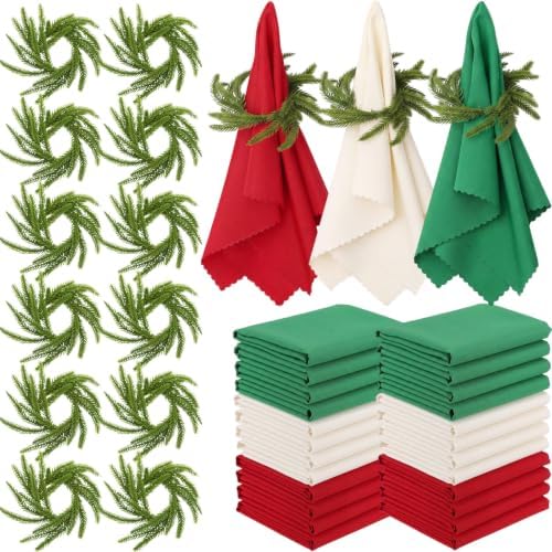LemonRoad 36 Pcs Cloth Napkins and Napkin Ring Holders, Reusable Fabric for Table Decor Banquet Holiday Dinner Party Supply(Red,Green,White,Norfolk Pine) by Unknown