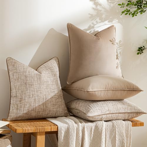 a moment Khaki 4 Pack Throw Pillow Covers - Chenille & Velvet Set with Piping, Farmhouse Textured Design Cushion Cases for Couch Sofa Bed (20x20 Inch, No Insert) - Image 4