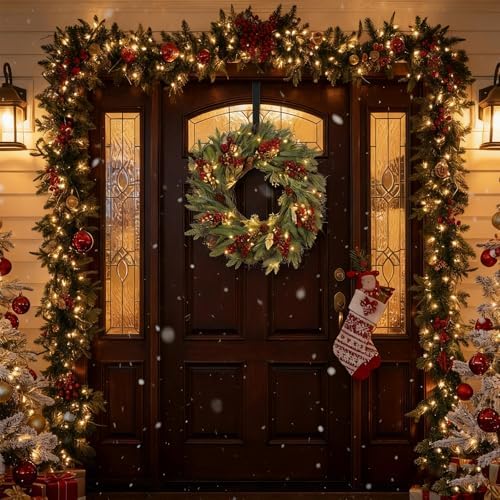 26” Christmas Wreath with Hanger Lights for Front Door Outdoor Evergreen Fir Berry Clusters Pine Cones Winter Décor Indoor Wall Decorations - Image 6