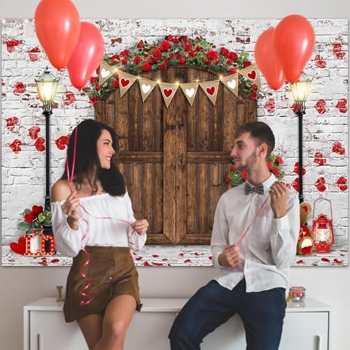 Mocsicka Rustic Wood Door Red Roses Backdrop Love Hearts Brick Wall Background Romantic Valentine's Day Party Decoration Supplies Photo Booth Props (10x6.5ft) - Image 6