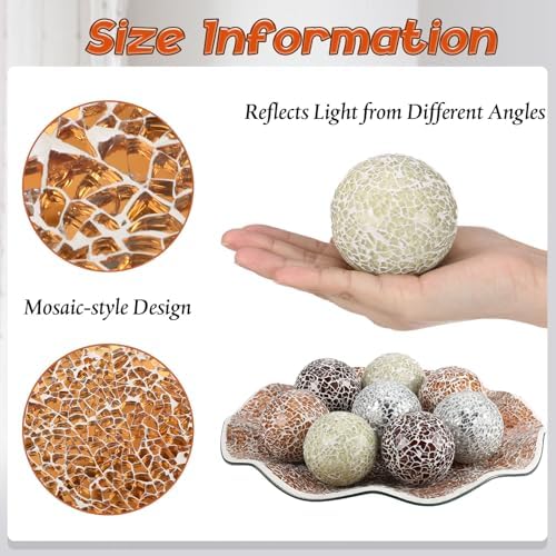 Suclain Centerpiece Bowl and Decorative Balls Set 8 Pcs Table Mosaic Plate with 2.4 Inch Glass Mosaic Orbs Glass Turquoise Tray and Spheres for Centerpiece Table Home Vases Decor(Khaki Light Brown) - Image 3