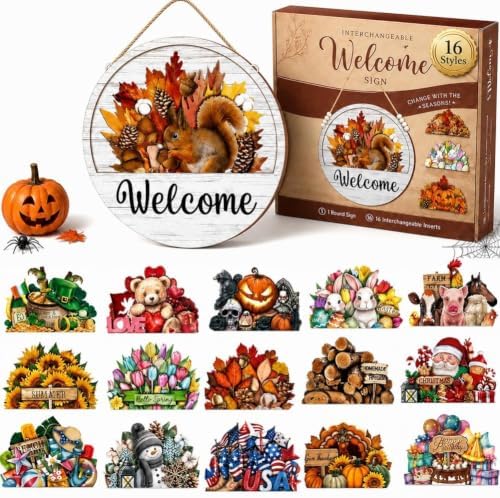 16/14/12PCS Welcome Sign for Front Door Interchangeable Every Season Halloween Christmas with Holiday 12 Inch Wooden Holiday Door Sign Wreaths Seasonal Porch Decor Gift(Set E) by Unknown