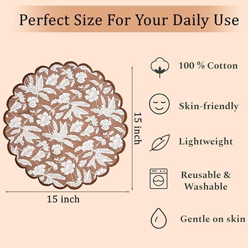 Ridhi Floral Block Print Round Placemats 15" in, Set of 4, Oak Brown - Image 6