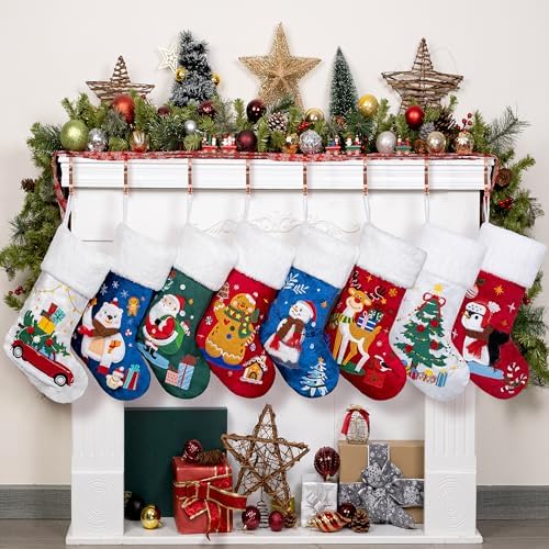 BHD BEAUTY Christmas Stocking 8 Pack Green Blue Red Velvet Embroidery Pattern Soft Faux Fur for Family Decorations Hanging Ornament for Xmas Holiday Party by bhdbeauty