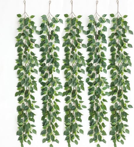 mizii 5 Packs 390" Artificial Vines Ficus Garland Fake Vine Silk Green Leaves Faux Plants Greenery Decoration for Bedroom Room Wall Party Table Centerpieces Wedding Arch Decor by Mizii