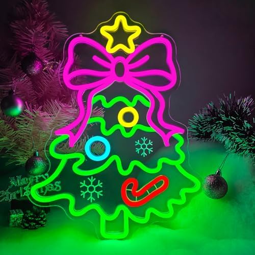 Christmas Neon Sign Pink Bow Christmas Tree Neon Sign for Wall Decor Xmas Tree Led Sign with Star Candy Neon Light Up Signs for Bedroom Window Holiday Door Xmas Party Home Decoration Winter Porch by DpaintNeonSign