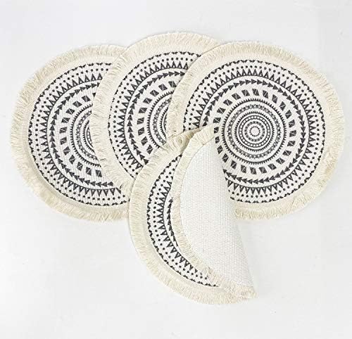 Fennco Styles Boho Geometric Fringe Decorative Cotton Placemats 13-inch Round, Set of 4 - Grey Heat Resistant Insulation Table Mats for Home Decor, Dining Table, Banquets and Special Events - Image 2