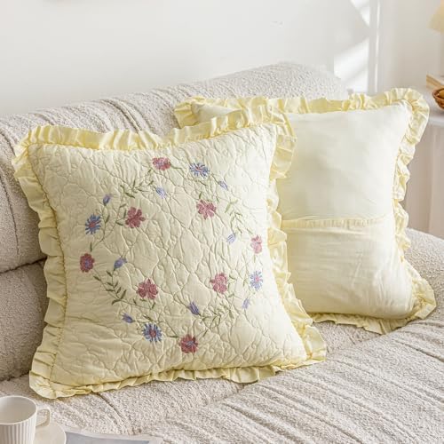 vctops Set of 2 Cotton Quilted Embroidered Decorative Square Throw Pillow Covers with Ruffles Floral Soft Cushion Case for Couch Sofa Bed (Flower B,18"x18") - Image 2