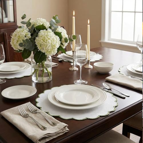 Set of 24 White Cotton Placemats 15" Round Scalloped Green - Image 6
