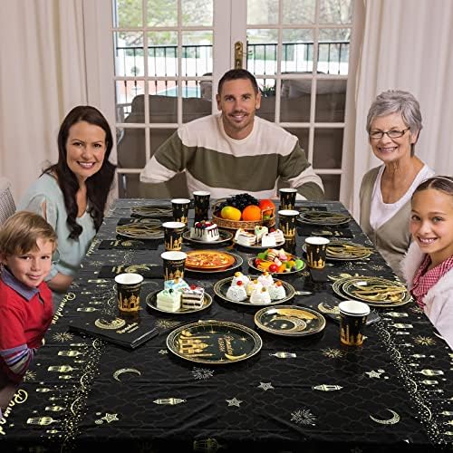 Ramadan Party Supplies Decorations for Home Serve 50, Eid Mubarak Ramadan Black and Gold Plates and Napkins Set, Disposable Paper Plates Napkins Cups Knives Spoons Forks for Ramadan Party Decorations - Image 7