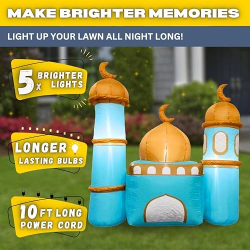6FT Ramadan Inflatable Teal and Bronze Mosque - Islamic Ramadan Decor for Outdoor Front/Back Lawns, Built-in LED Lights and Fan to Blow Up with Air, Iftar/Eid Gift - Image 4
