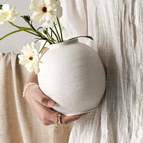Small White Ceramic Vase - 6.3 Inch Rustic Farmhouse Flower Vase for Home Decor, Minimalist Vases for Living Room, Table, Bathroom, Holiday & Weddings (Sandstone White) by LETAUCIGARDEN