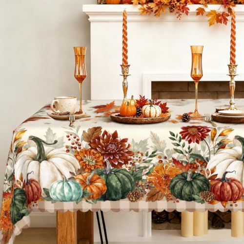 Rectangle Fall Tablecloth 60x120 Inch, Thanksgiving Autumn Harves Pumpkin Flower Table Cloth, Waterproof Wrinkle Resistant Table Cover for Fall Decorations Decor by Unknown