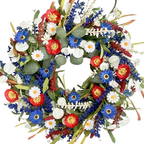 TEMPUS 20 Inch Patriotic Wreath for Front Door - Independence Day Red White Blue Daisy Grass Leaf Wreath, Memorial Day Flag Day Veterans Day Decoration, Spring Summer Outdoor Home Decor by TEMPUSDECOR